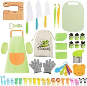 50PCS Kids Kitchen Cooking Set - Crocodile Wooden Kid Safe Knife Cutting Board Apron Gloves Fruit Vegetable Crinkle Cutters Peeler Serrated Edges