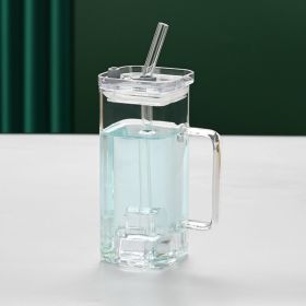 1 Pcs Transparent Glass Straw Cup, Square Glass Cup With Straw And Lid, High Borosilicate Glass Cup, Milk Cup, Juice Cup, Cold Drink Cup (Option: Transparent)