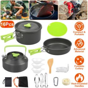 16 Camping Cookware Sets, one pot, one kettle, one kettle lid, one frying pan, one pot/pan lid.... (Option: Dark Grey Green)