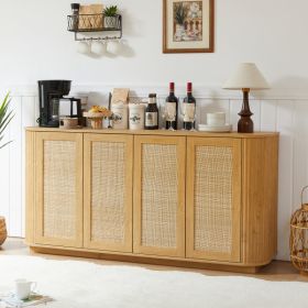 64" Wave Sideboard Buffet Cabinet with Rounded Corners, Wood Slat Design & Rattan Doors for Kitchen or Bedroom Storage. (Option: Natural)